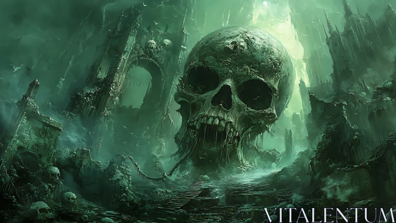 Monolithic skull citadel in bioluminescent necrotic ruins.