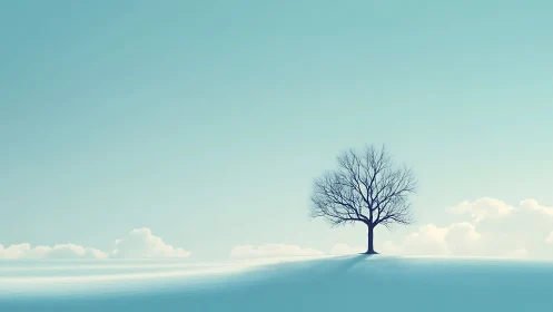 Lone tree on snowy hill under pastel sky, minimalist landscape.
