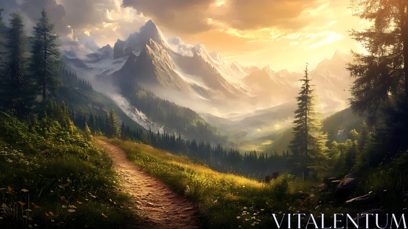 Sunlit mountain path unravels into a mist-laced emerald valley