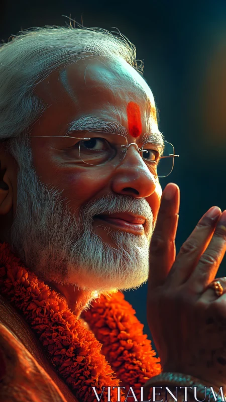 Elderly man in saffron attire with tilak and garland.