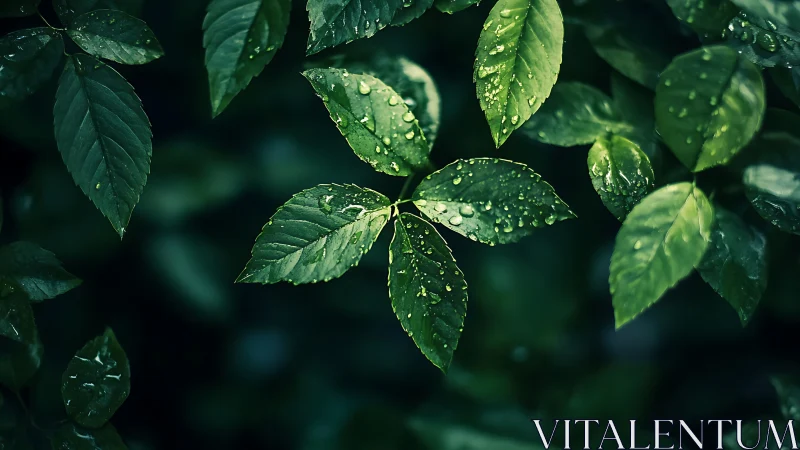 Close-up view of wet green leaves after recent rainfall.