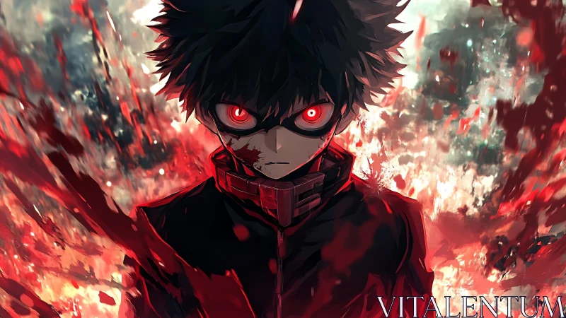 Intense red eyed anime figure framed by turbulent energy and debris