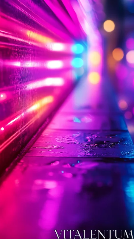 Neon light streaks reflect on wet pavement in shallow focus.