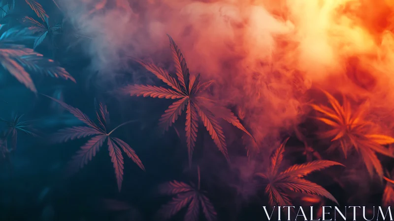 Cannabis leaves appear through dense orange and blue smoke