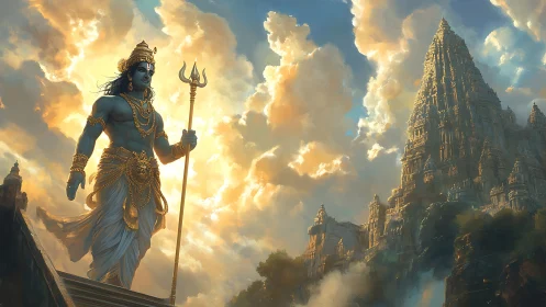 Divine warrior deity before monumental temple, digital painting.