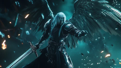 Midnight winged warrior stands ready with a shining sword