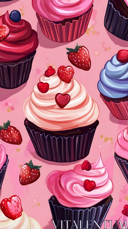 Vibrant Berry-Topped Cupcakes Against Soft Pink Background.