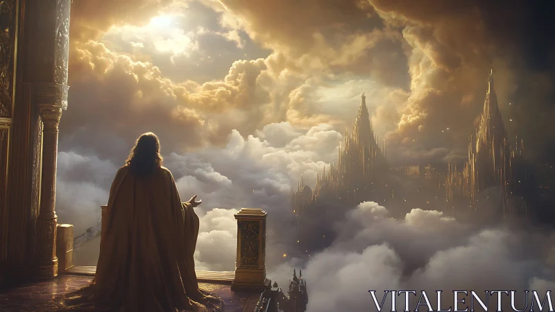 Cloaked figure surveys luminous cloud city from balcony