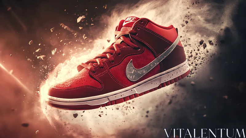 Crimson sneaker rockets through a shattering dust nebula