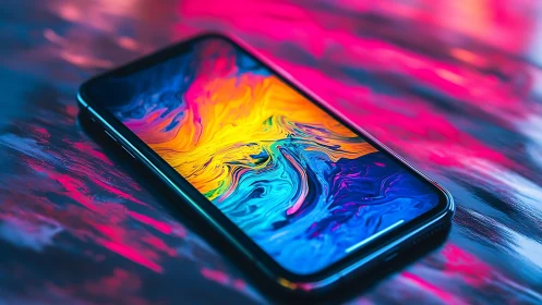 Smartphone lies on reflective surface with vivid abstract screen
