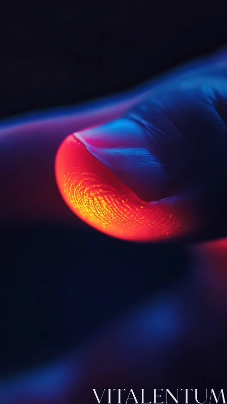 Glowing fingertip rests in neon light, revealing vivid texture