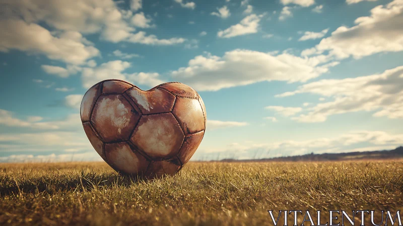 Heart shaped soccer ball sits on dry grass under blue sky