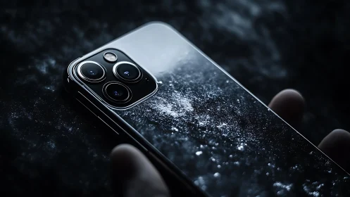 Smartphone macro closeup with dust on reflective screen.