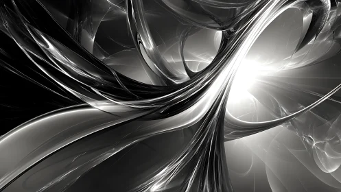 Monochrome curved metallic 3D structures intersect in bright light