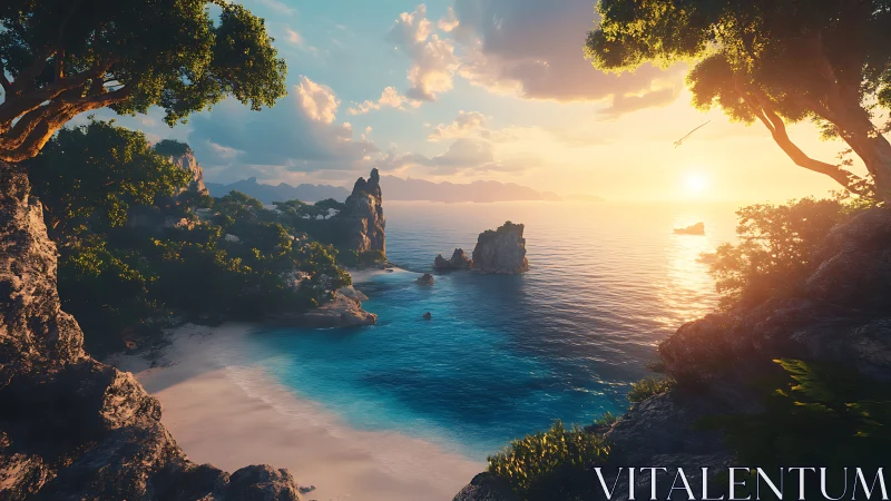 Tropical Paradise Cove at Golden Sunset Hour.