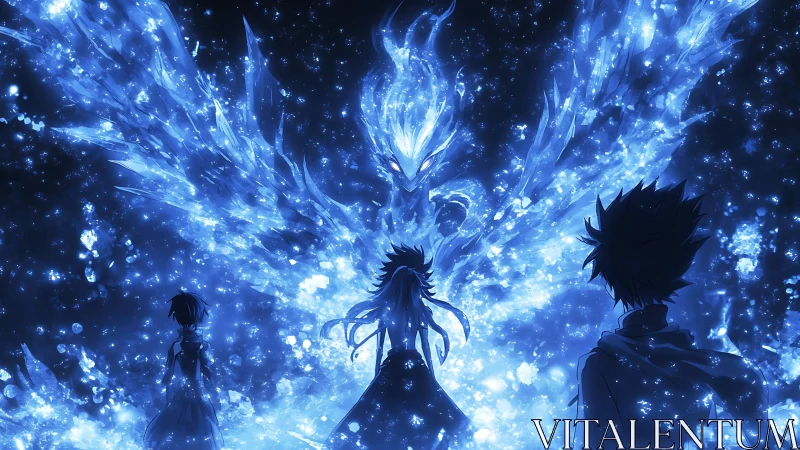 Mythic blue phoenix apparition confronting silhouetted trio.