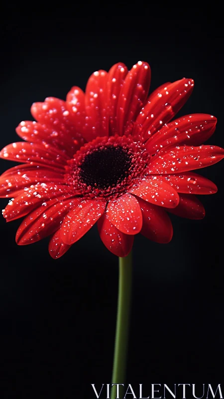 Scarlet gerbera leans into darkness, jeweled with quiet dew