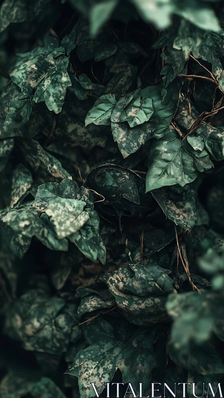 Camouflage helmet disappears inside dense ivy cover