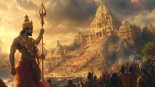 Sunlit warrior-king guards a golden temple of gathered souls.