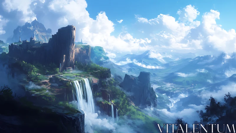 Vertical cliff citadel overlooks tiered waterfalls and misty valley