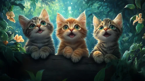 Three animated kittens with bright eyes in magical forest setting.