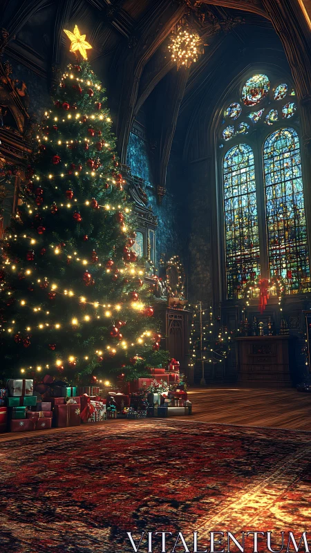 Gothic hall Christmas tree illuminated by stained glass light