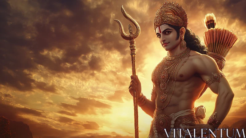 Heroic mythic warrior deity with trident against sunset sky