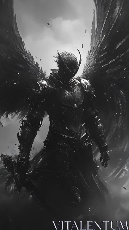 Dark winged warlord in fractured monochrome armor stance.