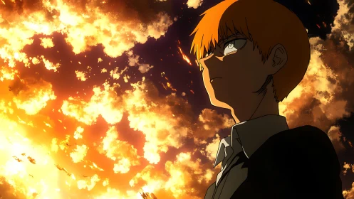 Stoic anime teen beneath a blazing, apocalyptic sunset sky.