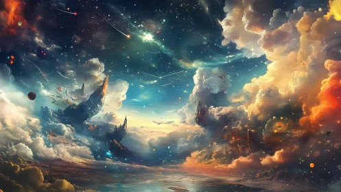 Expansive cosmic cloudscape with floating land structures.