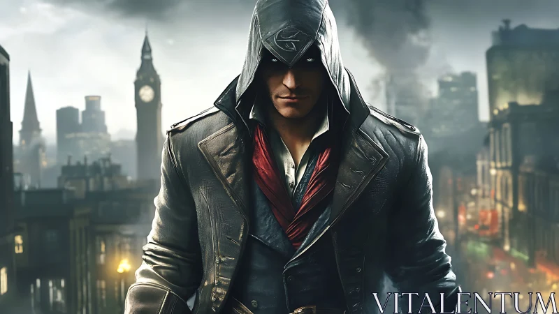 Mysterious hooded rogue strides through misty city streets.