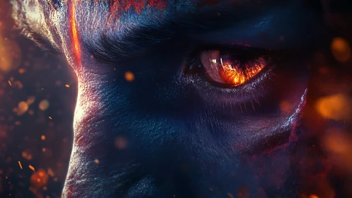 Infernal gaze in close-up, ember-lit demonic eye portrait.