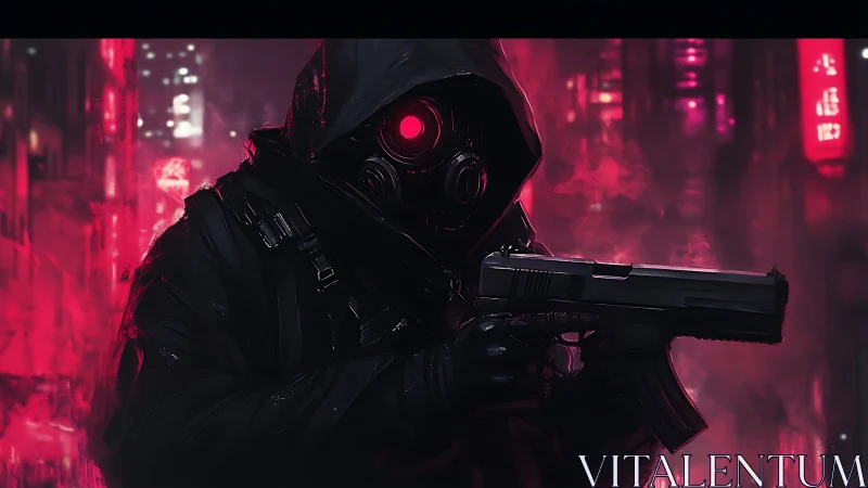 Neon fog cradles a lone hooded gunner with glowing sight