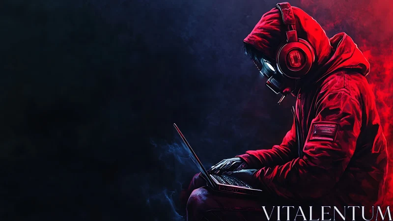 Cybernetic hooded operator at laptop in bicolor vapor field.