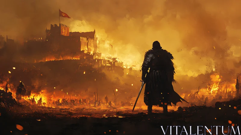 Lone armored warrior watching a burning citadel fall.