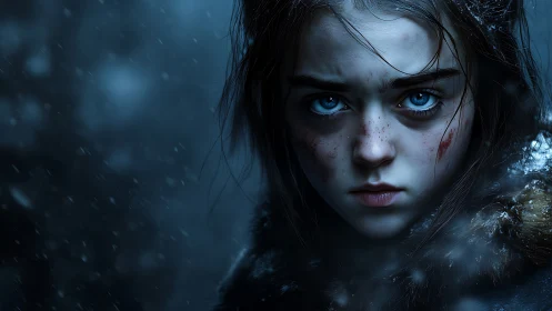 Fierce blue-eyed girl stares through storm-dark winter night