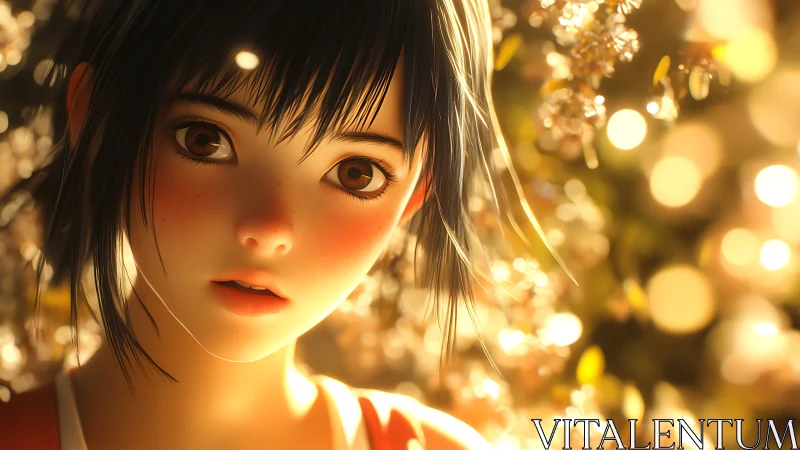 Anime girl close up in warm golden outdoor bokeh light.