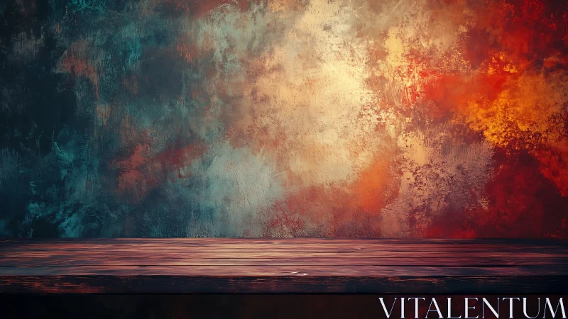 Wooden tabletop set before textured multicolor abstract wall