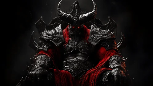 Demonic warlord on throne in crimson and obsidian armor.