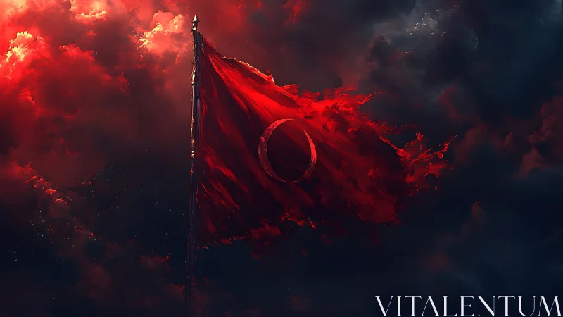 Digital painting of tattered crimson crescent flag in storm sky.