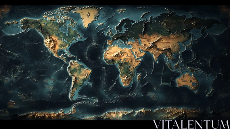 Elevated world map with sculpted topography and teal oceans.