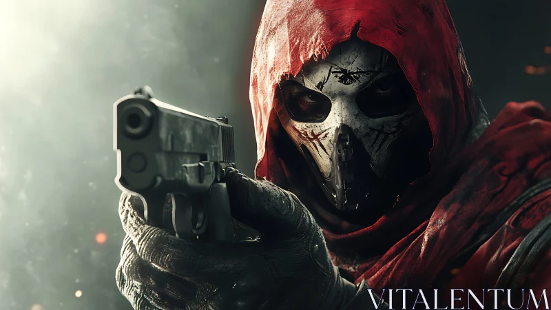 Masked gunman in red hood rendered with cinematic lighting.