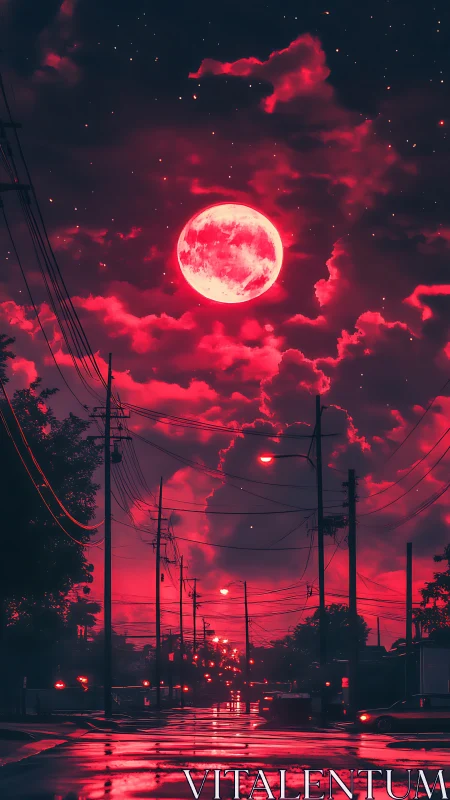 Crimson supermoon dominates neon-lit urban street horizon.