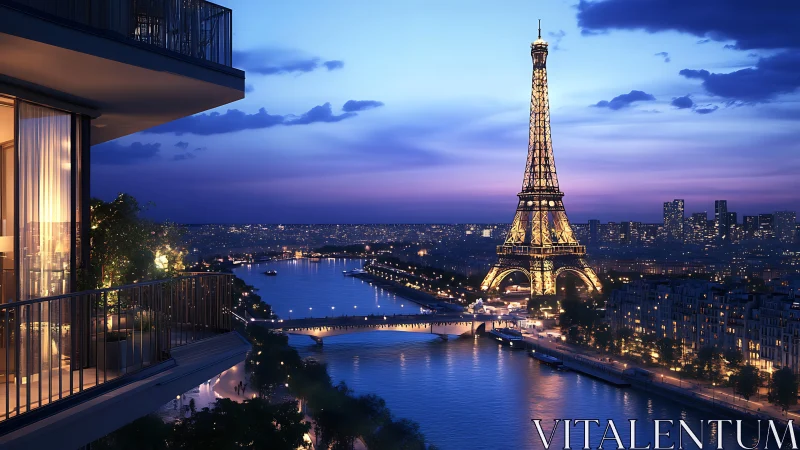 Paris balcony overlooks illuminated Eiffel Tower at dusk