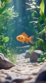 Sunlit goldfish drifts through a dream-bright riverbed garden.