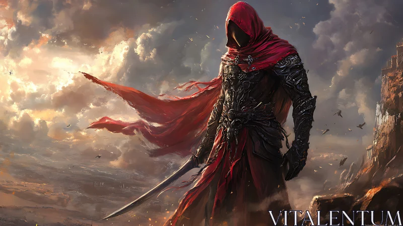 Armored hooded warrior in red cloak dominates stormy cliff edge