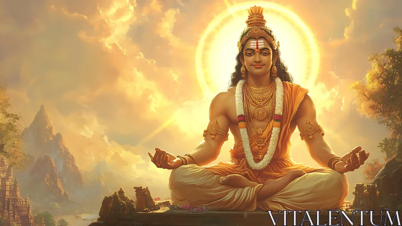 Radiant meditating deity seated before sunlit mountains