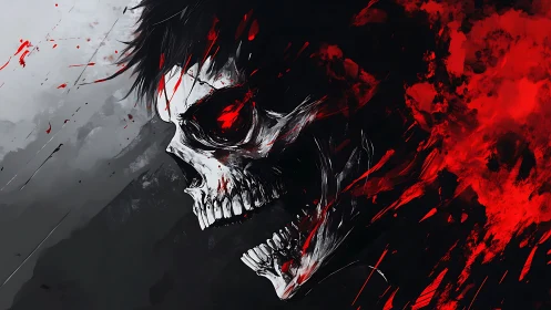 Skull hybrid portrait disintegrates into abstract red energy