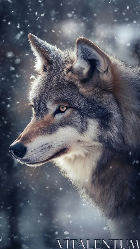 Wolf stands alert in falling snow with frosted fur details