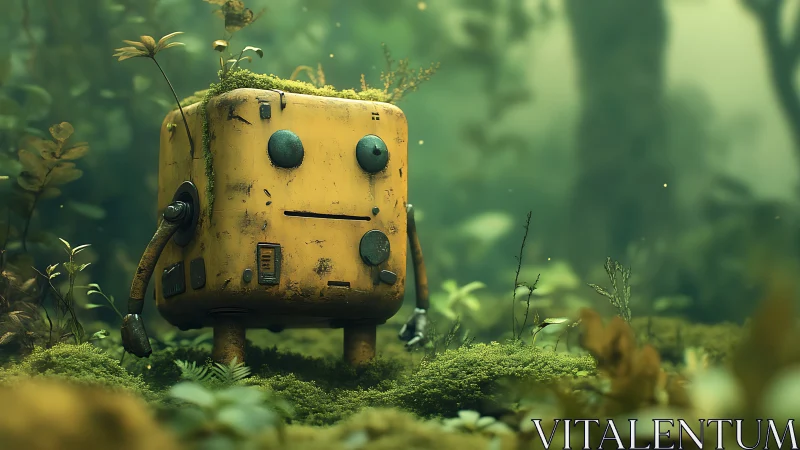 Weathered yellow service robot overgrown in misty forest